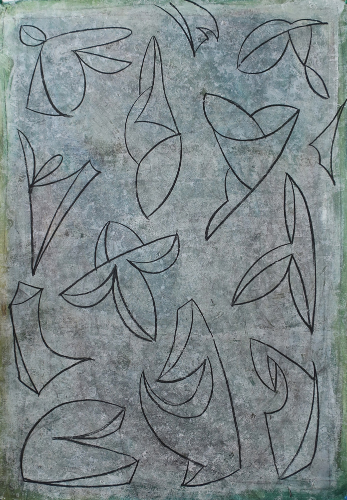 Tingest 3,   akryl, kol på papp  100x70 cm